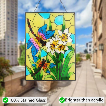 Stained Glass Window Hanging, Dragonfly Glass Art Decor, Sun Catchers Indoor Window, Rectangle Suncatchers for Windows Hanging, Stained Suncatcher for Room Balcony Garden Patio