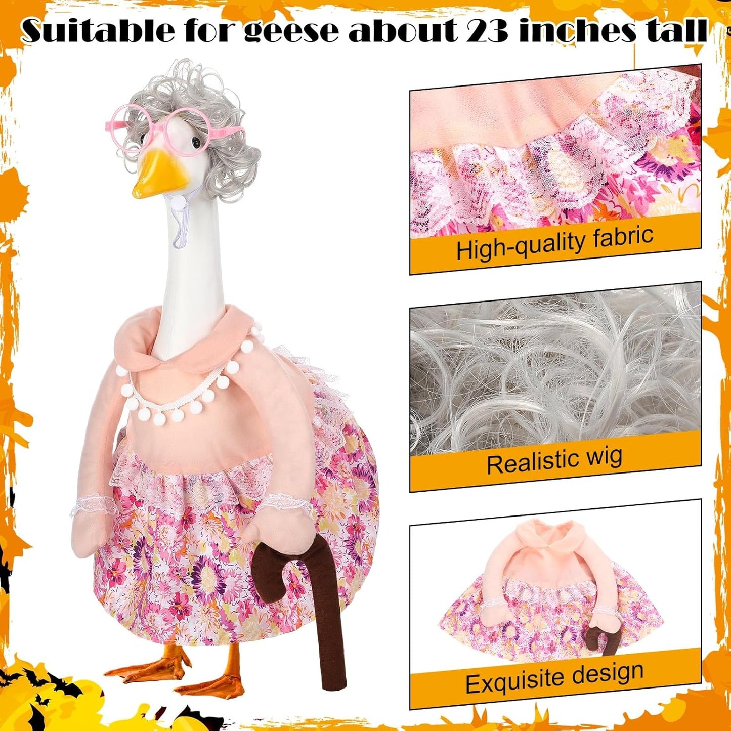 Abbylike Halloween Porch Goose Outfits Old Lady Goose Clothes with Silver Wig Sunglasses for 23" Geese Grandma Costume Halloween Outdoor Patio Yard Lawn Decoration