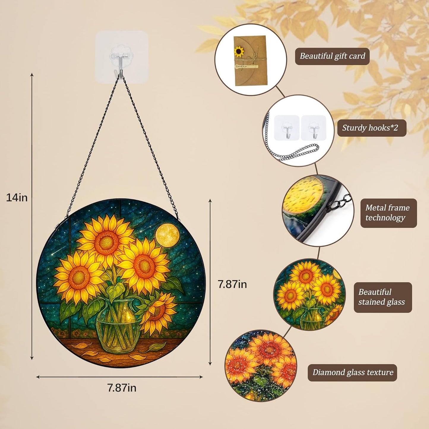 Stained Glass Window Hanging,Sunflower Sun Catchers Stained Glass Panels for Indoor Windows Wall Art Decor, Memorial Gift for Mom Women Wife Men Lovers (7.87inch)