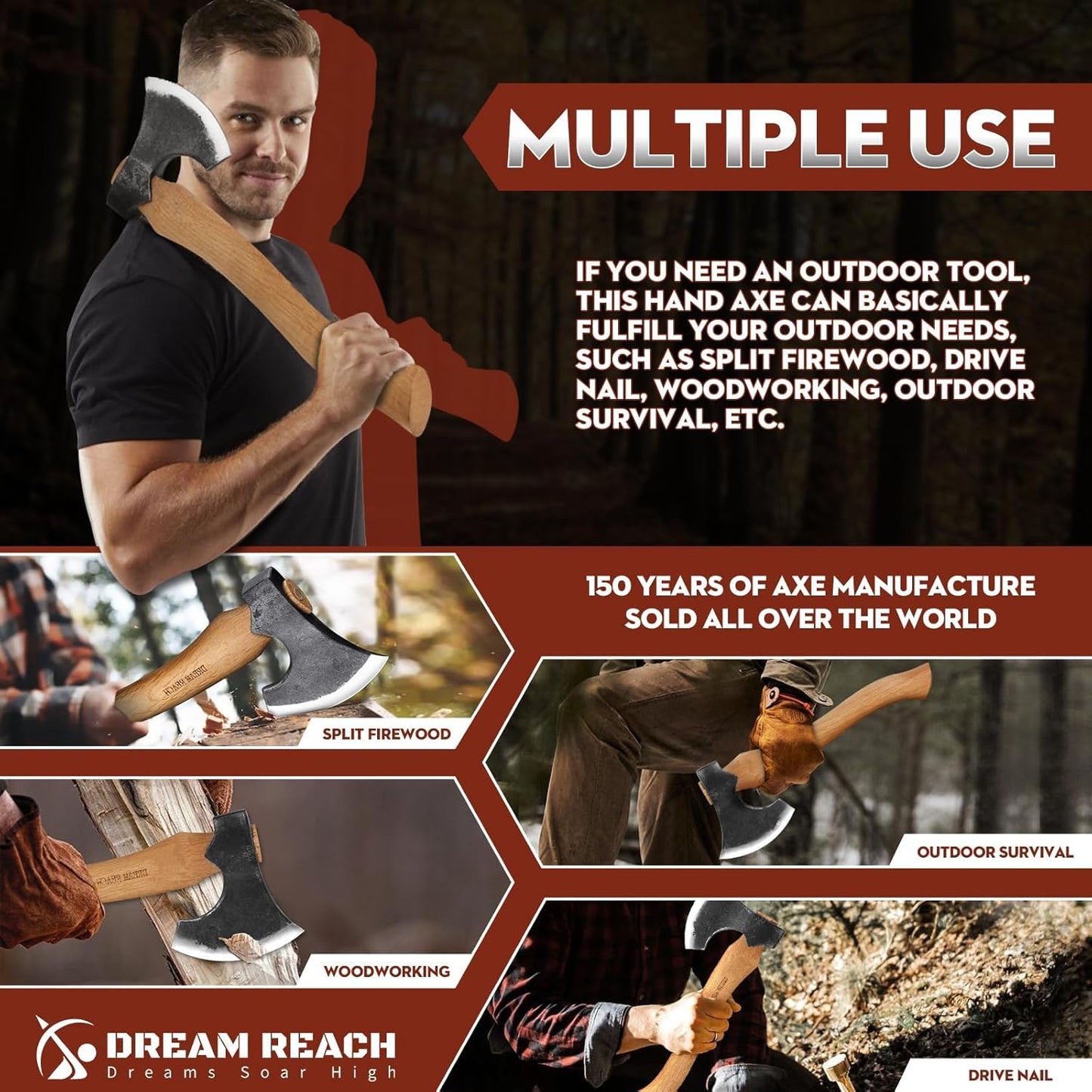 Dream Reach Hatchet Axe with Sheath Wood Hatchet Carbon Steel Heat Treated Bushcraft Hatchet - 14" Hand Forged Camping Axe for Chopping Wood, Garden