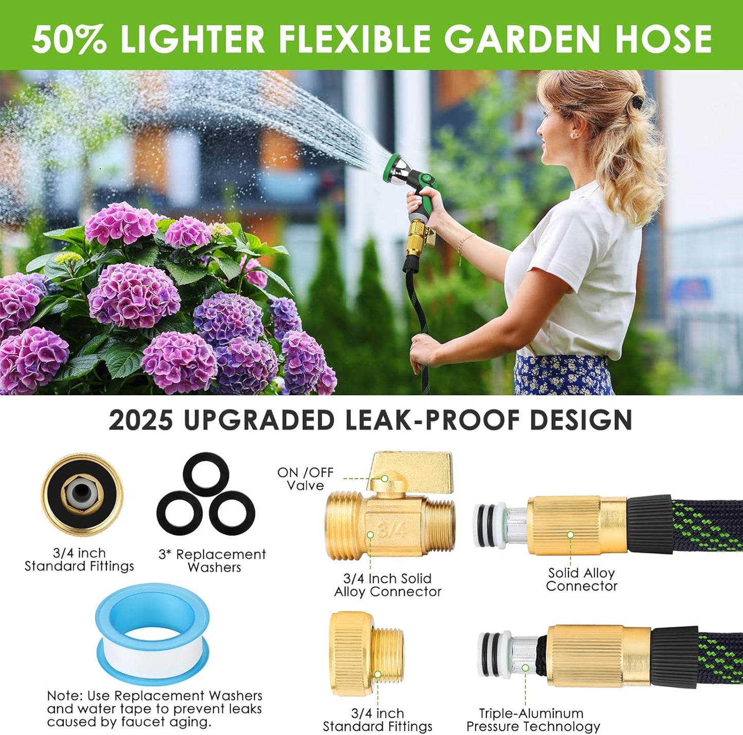Non-Expandable Garden Hose 75 ft, Ultra Lightweight & Flexible Water Hose With 10-Pattern Spray Nozzle, Full Length Leak-Proof Design, High-Density Fabric & Shut-Off Valve, Hose Straps