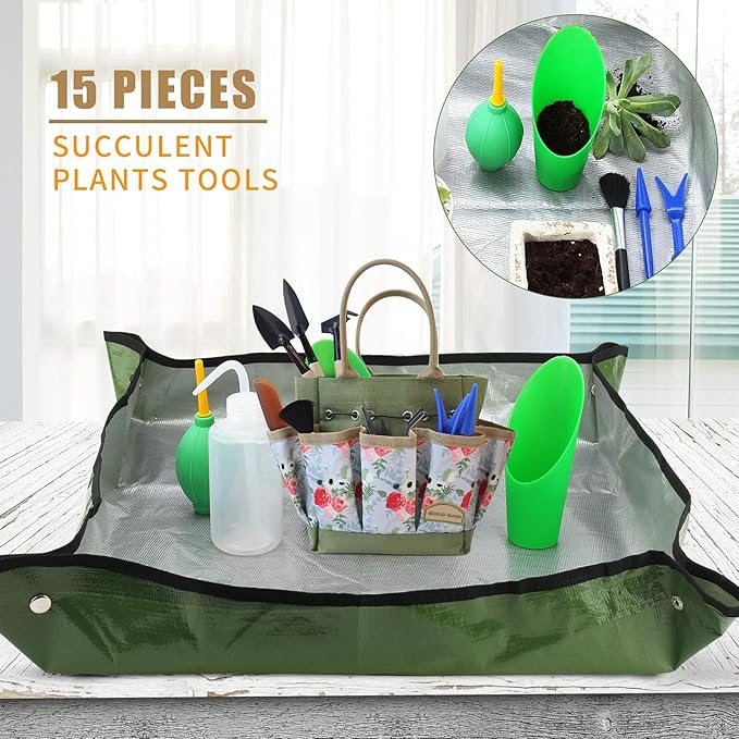 G GOOD GAIN Garden Succulent Kit with Organizer Bag, 14 Pieces Succulent Tools, Indoor Mini Hand Gardening Tools Set with Carrier for Bonsai Planter Miniature Fairy Planting Care(Rose)