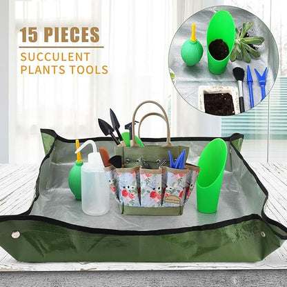 G GOOD GAIN Garden Succulent Kit with Organizer Bag, 14 Pieces Succulent Tools, Indoor Mini Hand Gardening Tools Set with Carrier for Bonsai Planter Miniature Fairy Planting Care(Rose)