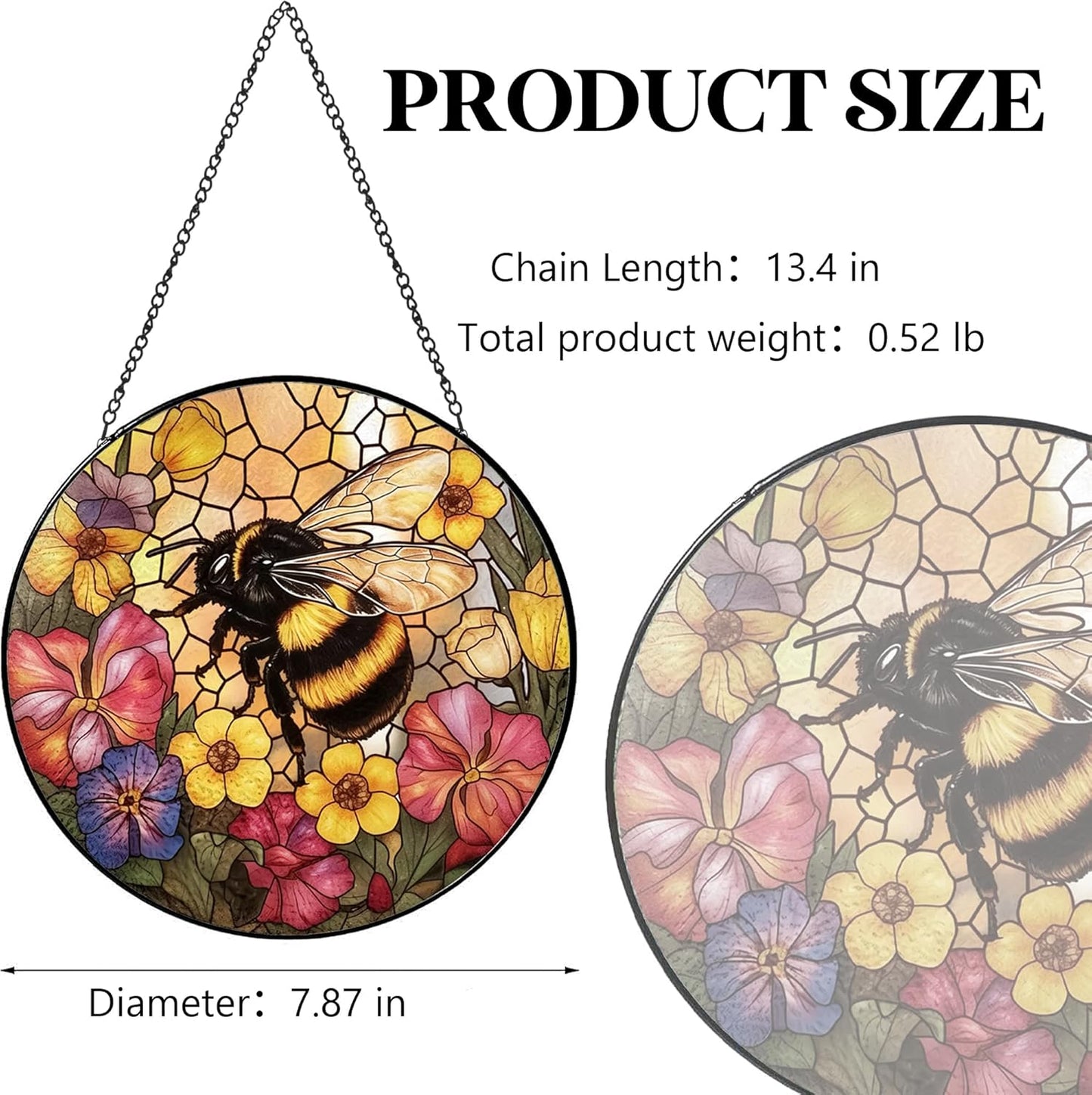 Bee Stained Glass Suncatcher - Handcrafted 7.87 inch suncatcher with Vibrant Wildflower Stained Glass Window Hanging for Home Garden Decoration, Makes a Unique Gift for bee Lovers, Friends and Family