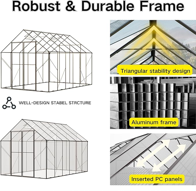 Kingdura 8x12ft Walk-in Greenhouse for Outdoors, Large Polycarbonate Greenhouses with Heavy Duty Aluminum Frame, Adjustable Roof Vent, Lockable Door, UV Protection for Outside Garden Backyard