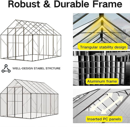 Kingdura 8x12ft Walk-in Greenhouse for Outdoors, Large Polycarbonate Greenhouses with Heavy Duty Aluminum Frame, Adjustable Roof Vent, Lockable Door, UV Protection for Outside Garden Backyard