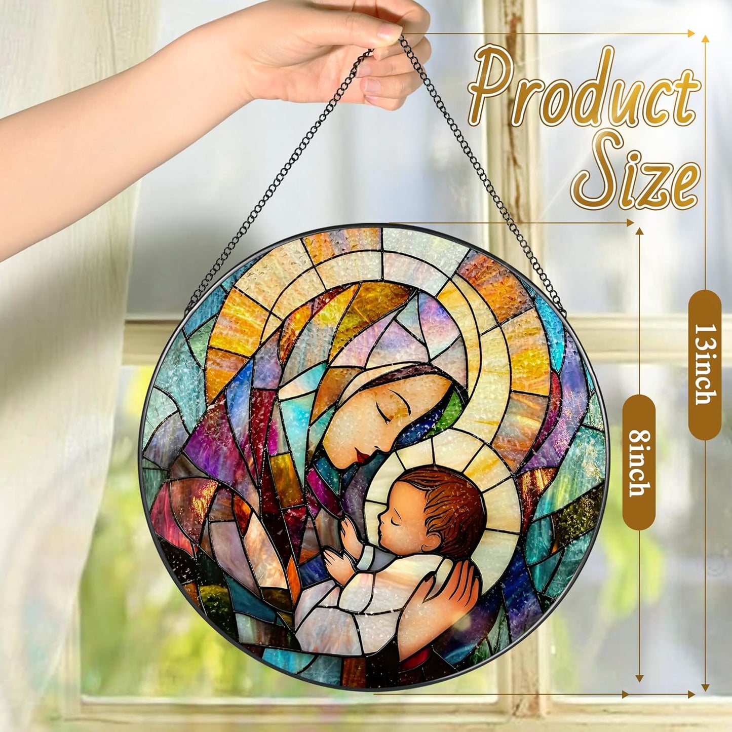 Baby Jesus and The Holy Mother Mary Sun Catcher, 8 Inch Stained Glass Window Hanging, Stained Glass Decor, Christian Home Decor, Christian Gifts for Women, Religious Gifts for Women