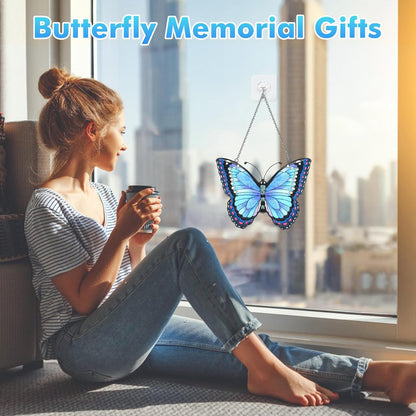 Blue Butterfly Suncatcher Stained Glass Window Hanging Butterfly Ornaments Gift for Mom, Women, Wife, Mother's Day (Blue)