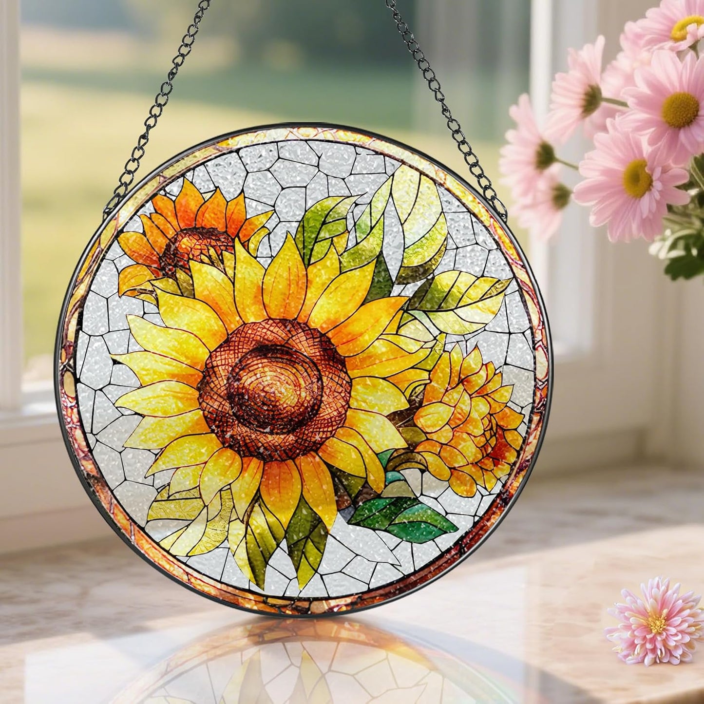 8-Inch Stained Glass Ornament, Stained Glass Window Hanging, Suncatcher Window Hanging, Home Decor, Sunflower Ornament | Mother's Day, Christmas, Birthday | Gifts for Flower Lovers, Mom & Friend