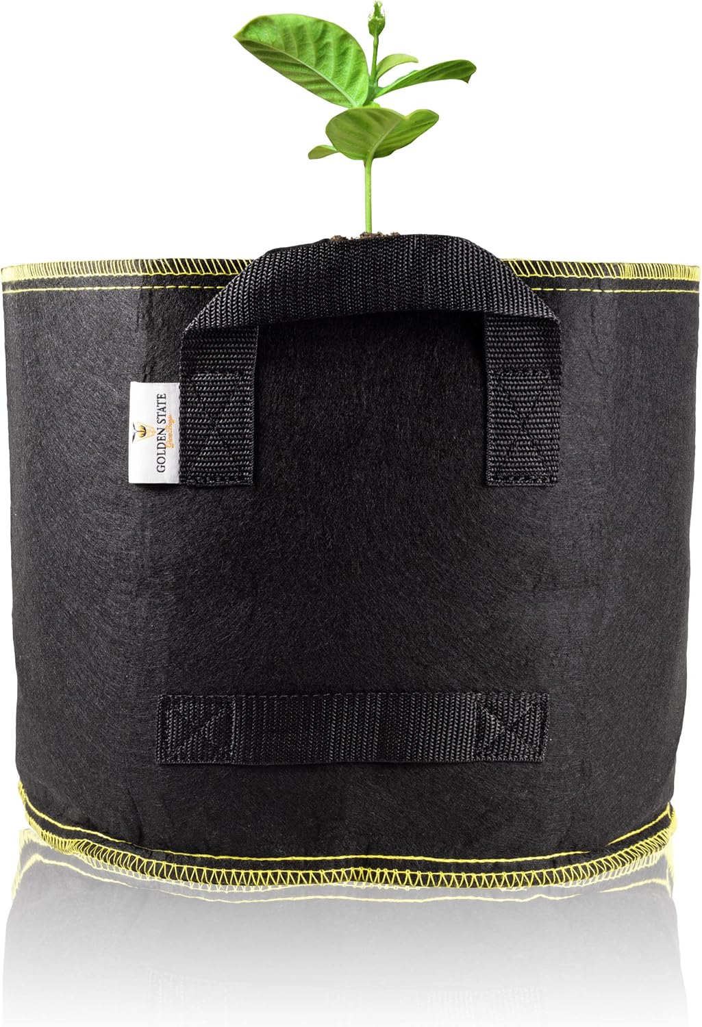 Grow Bags: 5-Pack (Size: 25 Gallon): 300gsm Black Felt Fabric w/Yellow Stitch, Biodegradable and eco-Friendly Material. (Handles + Dumping Handles-pat.Pend).