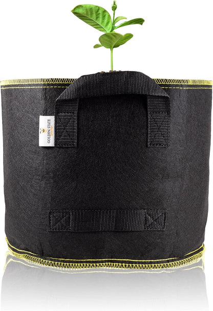 Grow Bags: 5-Pack (Size: 25 Gallon): 300gsm Black Felt Fabric w/Yellow Stitch, Biodegradable and eco-Friendly Material. (Handles + Dumping Handles-pat.Pend).