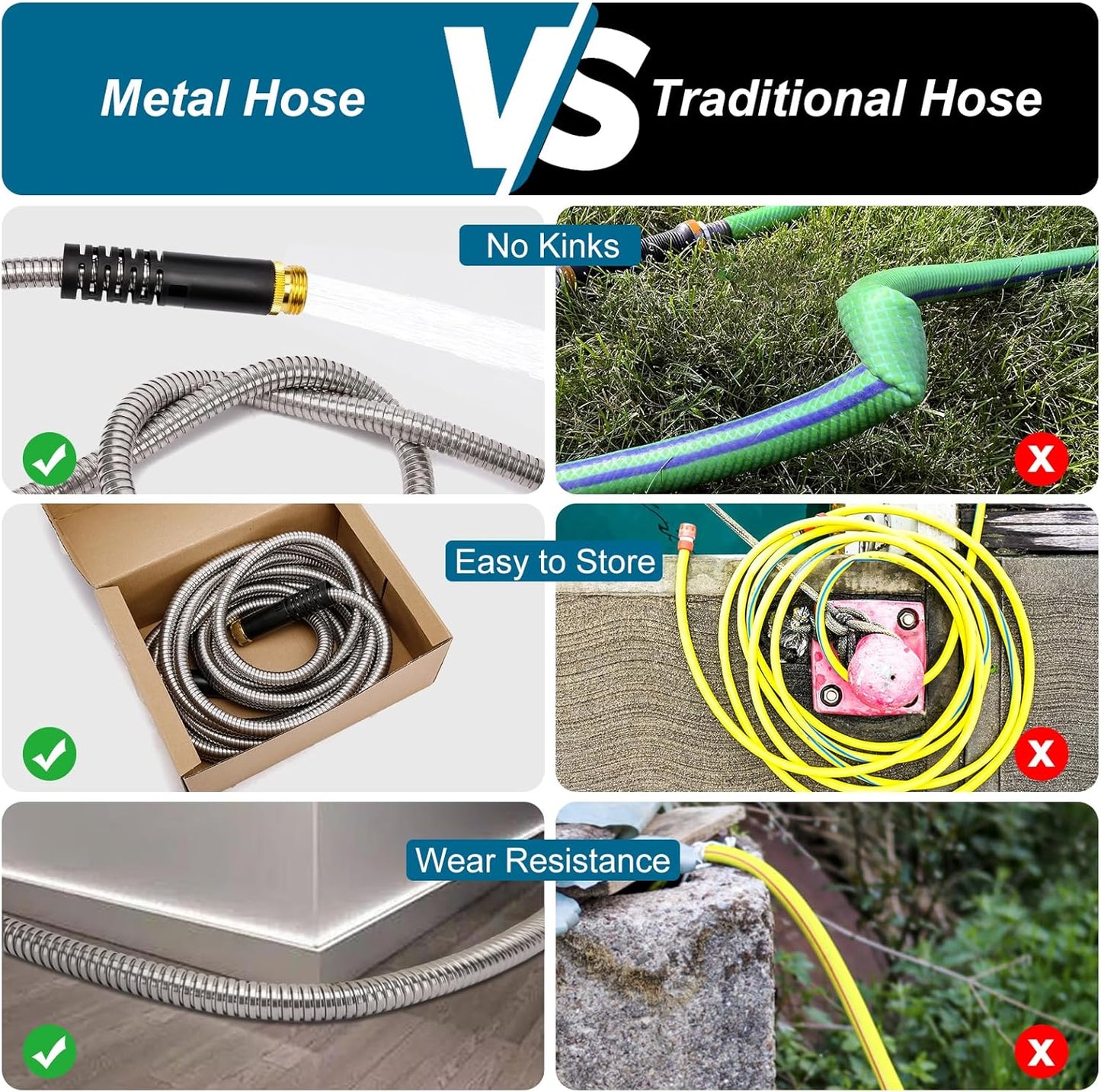 Metal Garden Hose 100 FT, Stainless Steel Hose, Water Hose with 10 Function Nozzle, No Kink & Tangle, Easy to Use & Store, Heavy Duty Lightweight Outdoor Hose