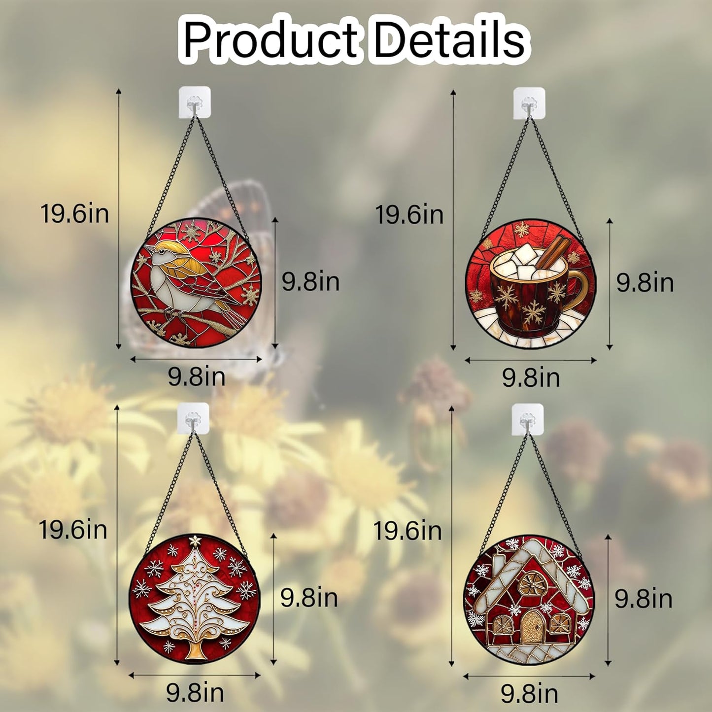 Stained Glass Window Hanging 4 Pcs Set Red Christmas Themed Decorations 9.8" - Suncatcher Door Garden Sun Catcher Decor Birthday New Year for Mom Woman Nana Men