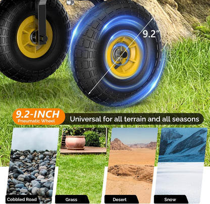 VINGLI Wagon Cart, Steel Frame and Wood Coated Railing, 330lbs All Terrain Wagon 9.2in Solid Tires for Garden and Outdoor (Yellow)