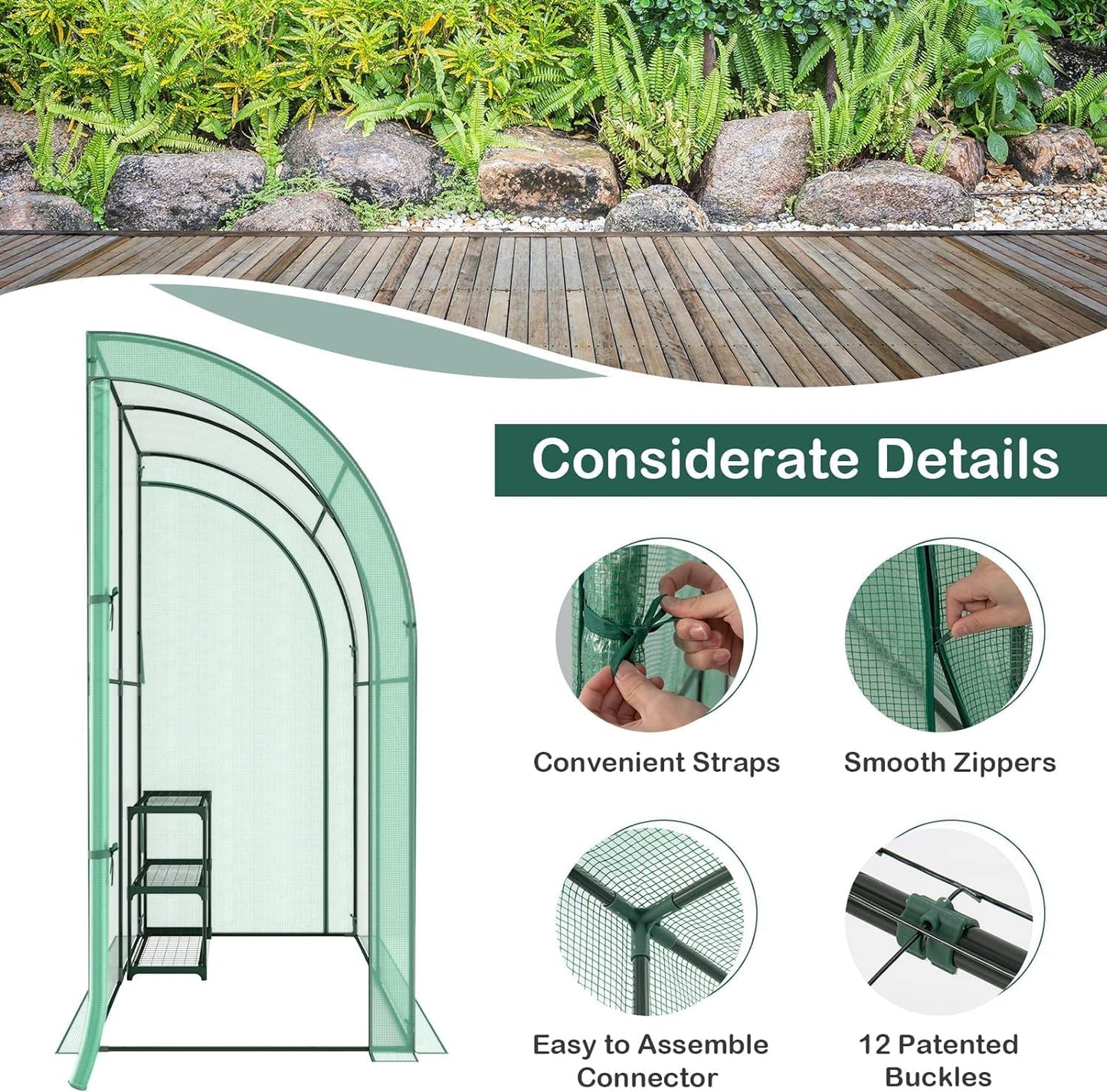 Happygrill Walk-in Greenhouse with 3-Tier Flower Rack, Weatherproof PE Cover & Roll-up Zipper Doors, Lean-to Greenhouse for Garden, Backyard, Balcony
