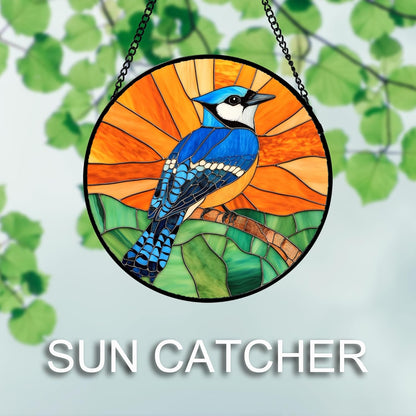 Stained Glass Window Hanging 4 Pcs Set Birds 6.3" - Cardinal Blue Jay Suncatcher Door Garden Sun Catcher Decor Birthday Christmas for Bird Lovers Mom Woman Nana Men
