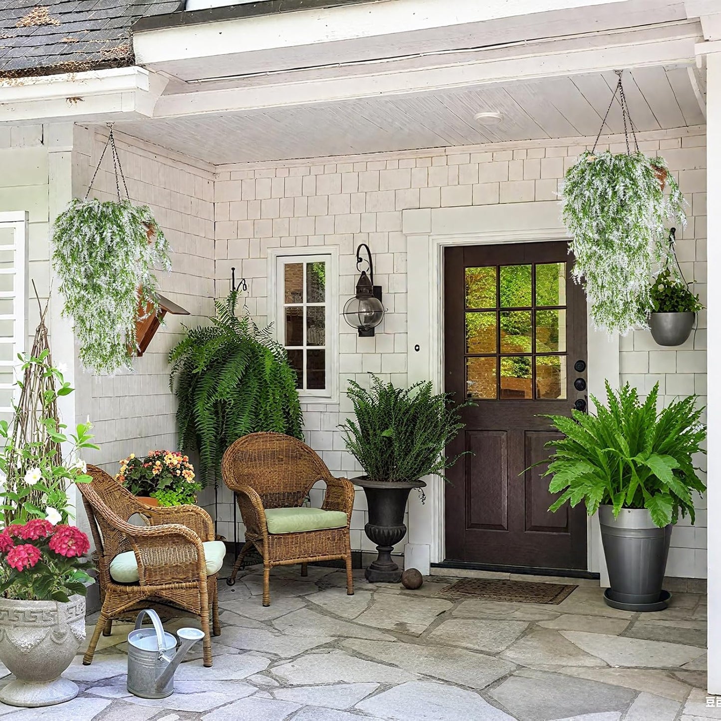 SJL 4pcs Artificial Hanging Lavender Plants Hanging Flowers Fake Ivy Long Plant Plastic Long Stem Faux Hanging Plants Indoor Greenery Look Real Decor for Garden Porch Farmhouse (White)