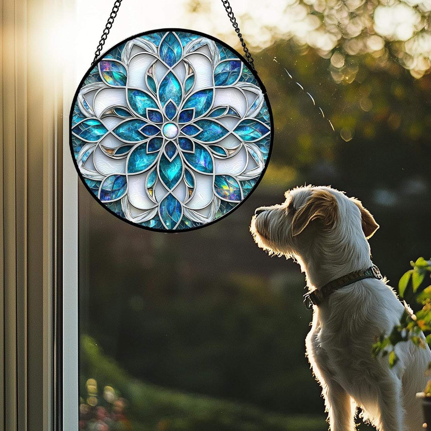 Stained Glass Window Hanging - Blue White Abstract Flowers Suncatcher for Door Terrace Garden Home Decor Boho Sun Catcher Birthday Gifts for Lovers Women Men Dad Mom Nana 6.3 in