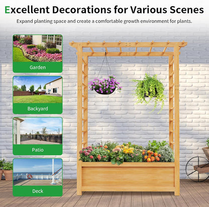 SUNYRISY Raised Garden Bed with Trellis, Wooden Vertical Planter Box with Trellis Outdoor for Climbing Plant Vine Flowers Vegetables, Planter Raised Bed with Hanging Roof and Drainage Holes