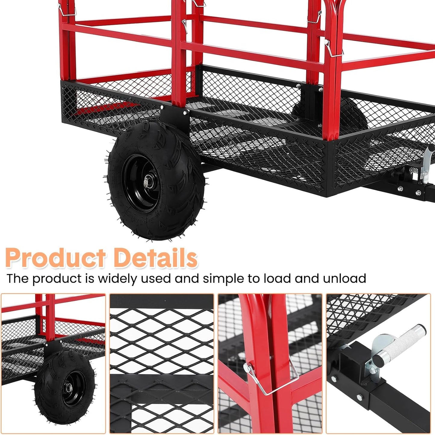 Garvee ATV Trailer Garden Dump Cart Tow Behind, 1500 LBS 22 Cubic Feet Heavy Duty Steel Pull Behind Yard Wagon Cart with 2 Wheels, for Lawn Mower Tractor, ATV, UTV