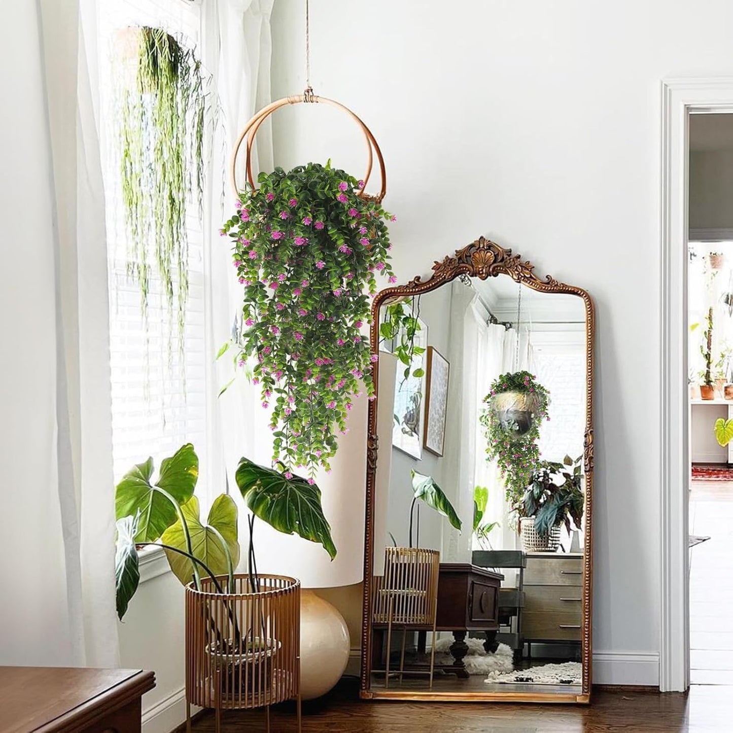 RECUTMS 4Pcs Fake Eucalyptus Leaves with Flowers Plastic Ivy Greenery Leaf Artificial Hanging Plants for Home Garden Wall Bedroom Office Wedding Decor Fuchsia