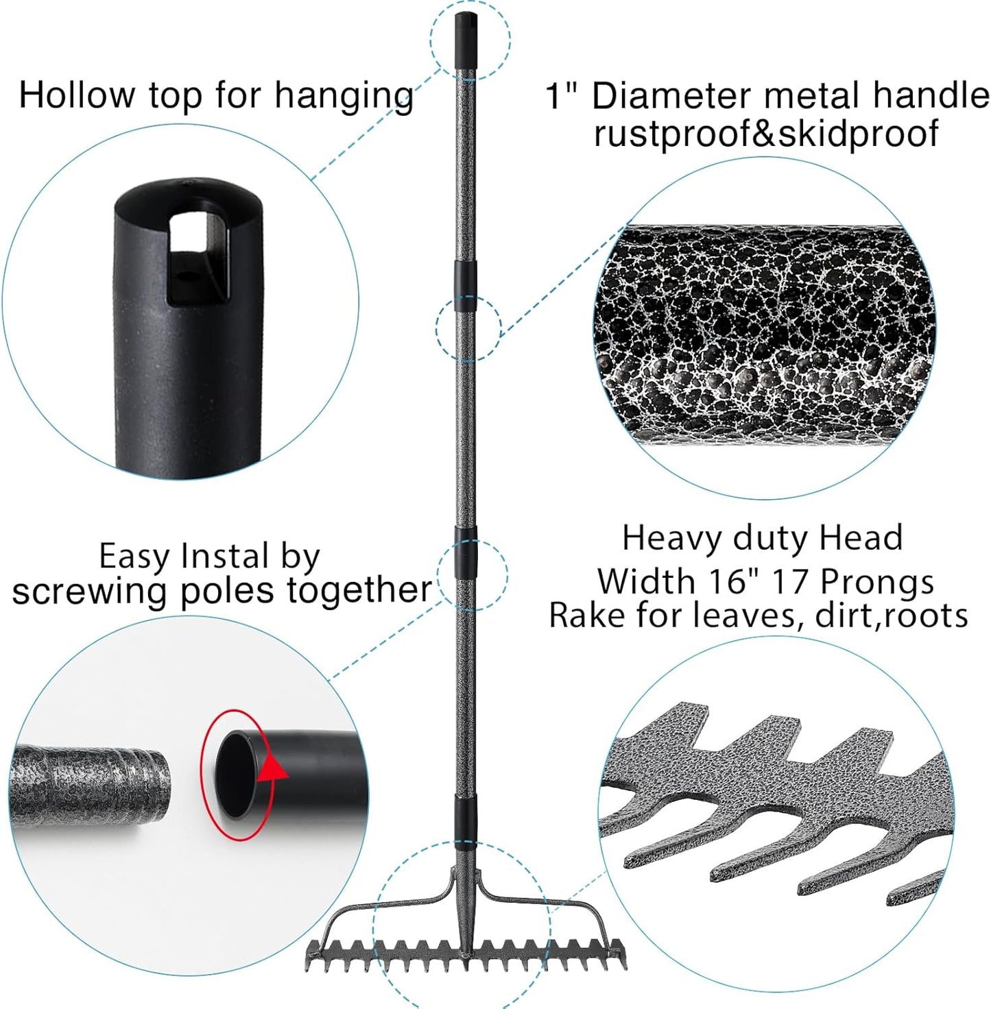 Thatch Rakes for Lawns, Heavy Duty Metal Garden Rake with 17 Prongs, Adjustable Yard Rock Rake for Gardening Loosening Soil, Long Handle 60 Inches