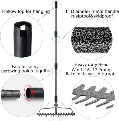 Thatch Rakes for Lawns, Heavy Duty Metal Garden Rake with 17 Prongs, Adjustable Yard Rock Rake for Gardening Loosening Soil, Long Handle 60 Inches