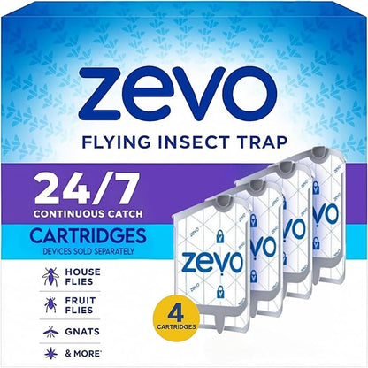 Zevo Flying Insect Trap Refills – 4 Cartridge Pack | Compatible with Zevo Indoor Plug-in Traps | 24/7 Insect Protection for Flies, Fruit Flies & Gnats