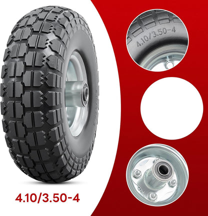 4 PCS 10” Solid Tires, 4.10/3.50-4” Flat Free Tires and Wheels with 5/8” Axle Bore Hole and Double Sealed Bearings Compatible with Hand Truck Wheelbarrow Tire Lawn Mower Tire (Silver) P-092