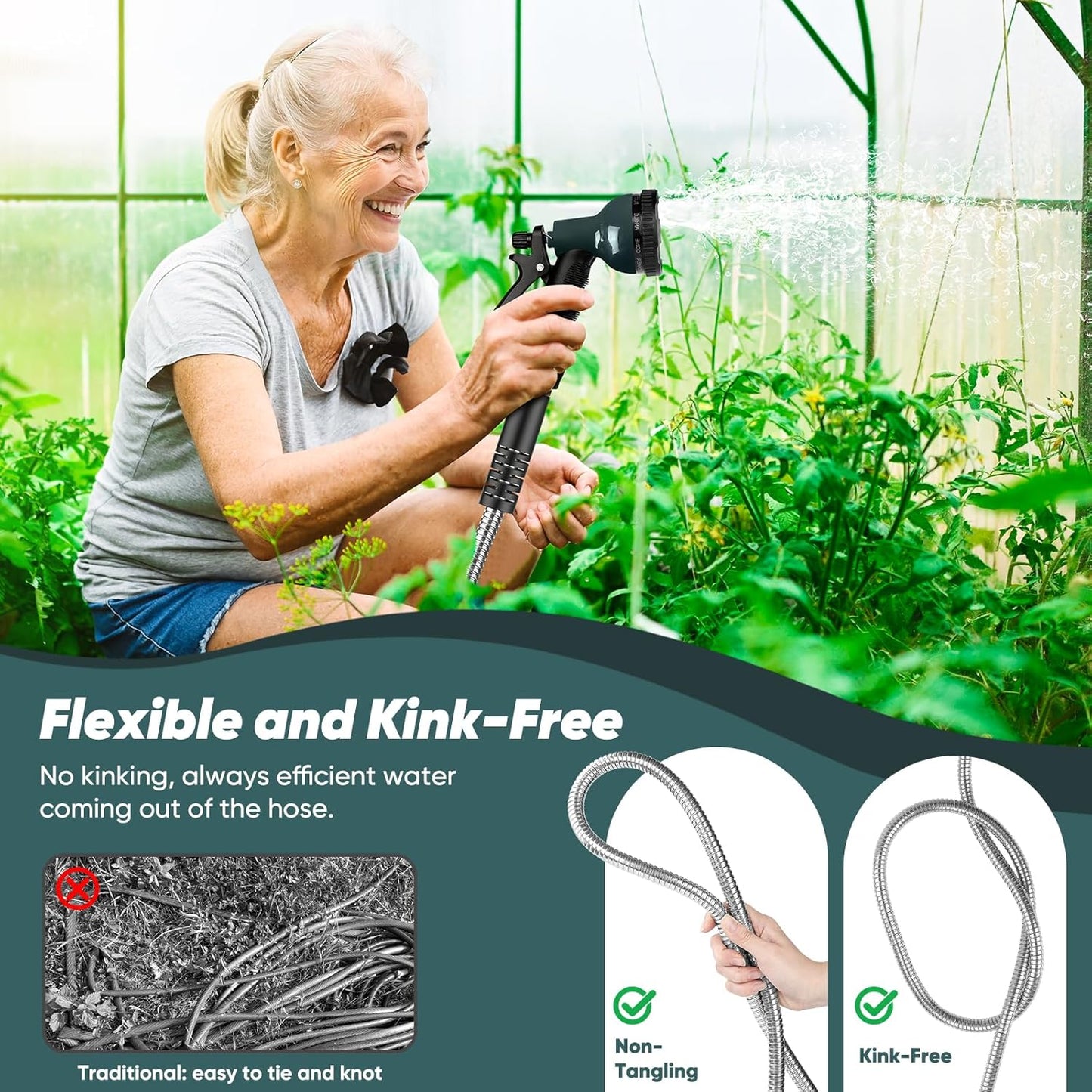 Garden Hose 175 FT with 10-Function Nozzle, Leak-proof Metal Connector Water Hose, No Knots, Kink-Free, Lighter, Anti-Pets, Wear-Resistant, 3/4 GHT, Metal Hose for Garden, Yard, Outdoor