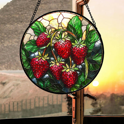 Stained Glass Suncatcher, Red Strawberry Green Leaf Sun Catcher Silver Background Stain Glass Window Hanging Decoration Mother's Day Birthday Gifts for Women Men Mom Nana 7.8 in
