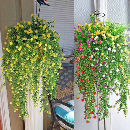 WEISPARK Artificial Hanging Flowers, 4pcs Fake Eucalyptus Vine Faux Flower Greenery Garland Plastic Plants for Indoor Outdoor Wall Garden Wedding Home Party Decor (Yellow)