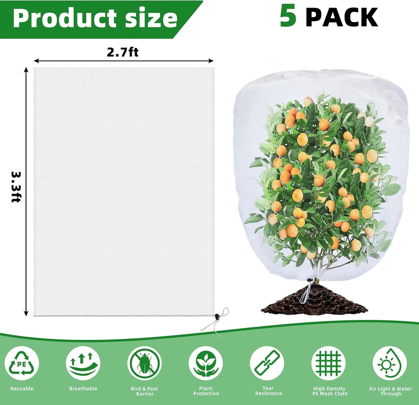 5 Pack Garden Plant Fruits Tree Protection Netting Covers with Drawstring, 3.3 x 2.7Ft Bird Insect Netting Bag, Plant Netting Barrier for Fruit/Flower/Herb/Vegetables (3.3 x 2.7Ft)