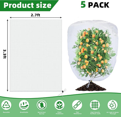 5 Pack Garden Plant Fruits Tree Protection Netting Covers with Drawstring, 3.3 x 2.7Ft Bird Insect Netting Bag, Plant Netting Barrier for Fruit/Flower/Herb/Vegetables (3.3 x 2.7Ft)