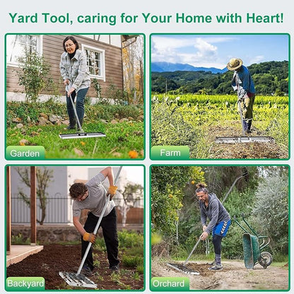 Lawn Leveling Rake 30 inch x 10 inch, Lawn Leveler Tool with 6.5ft Handle Rakes, 304Stainless Steel Yard Leveling Rake, Heavy Duty Soil Leveling Rakes for Backyard, Garden, Farm, Pasture