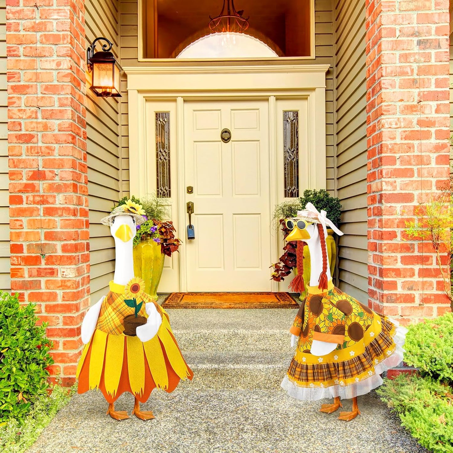 Abbylike 2 Set Fall Sunflower Porch Goose Outfit Sunflower Lawn Goose Costume 23'' Cement for Autumn Thanksgiving Yard Decor
