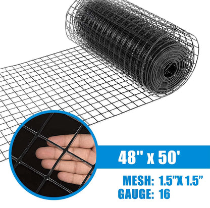 Fencer Wire 16 Gauge Hardware Cloth, Black Vinyl Coated Welded Wire Mesh, Chicken Coop Wire Fence, 1.5 inch x 1.5 inch Grid (4 ft. x 50 ft.)