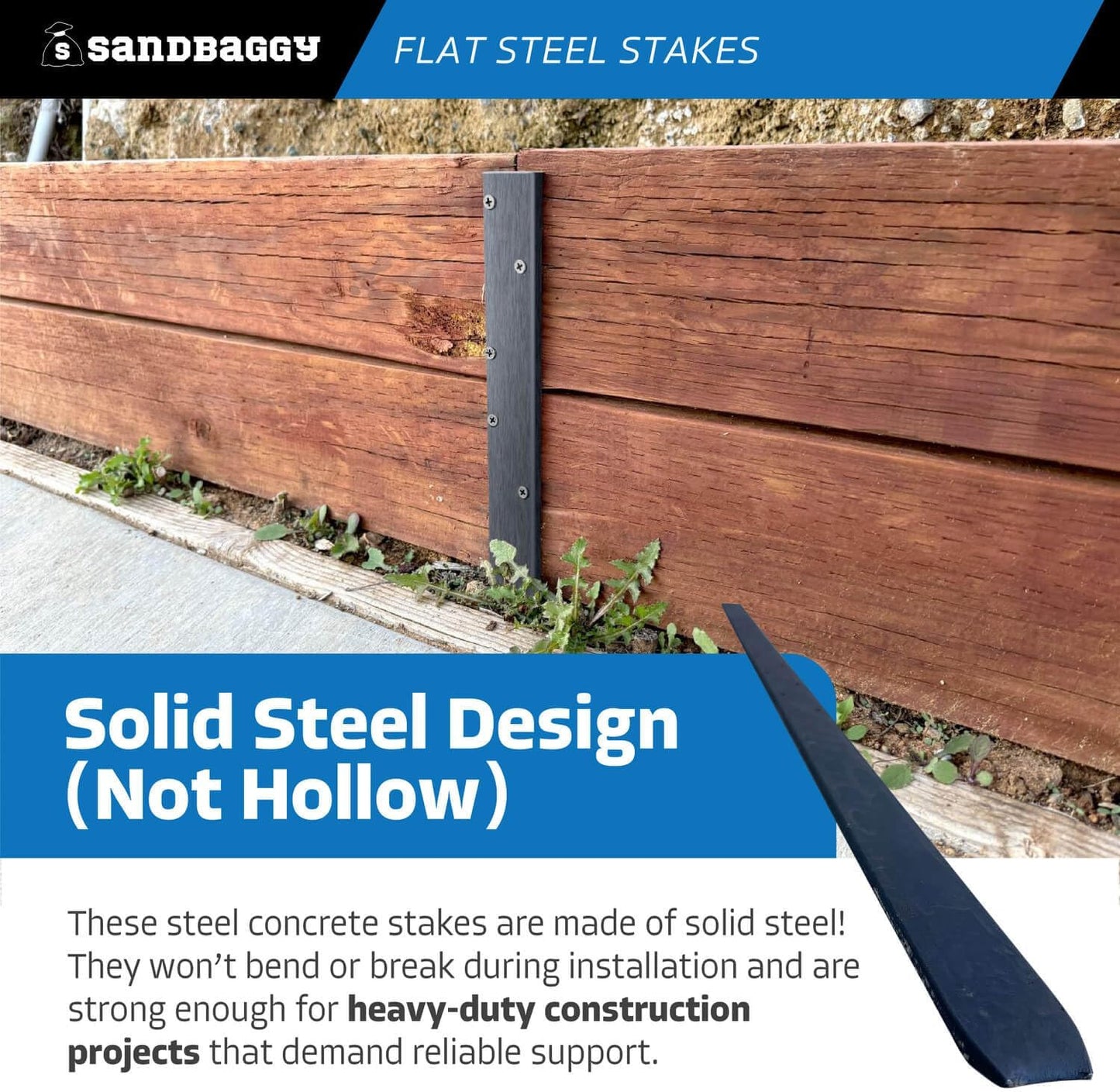 Sandbaggy Flat Steel Stakes for Concrete Forms with Nail Holes - 1.5" Wide - Painted - Removable, Reusable, V Point End - Construction Grade Stakes (100, 48 inch)