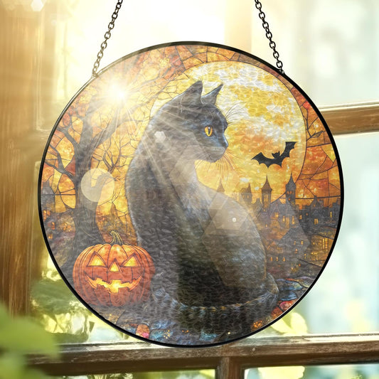 FLAGWIX Halloween Decorations Indoor - Stained Glass Window Hanging 8 in - Black Cat Gifts for