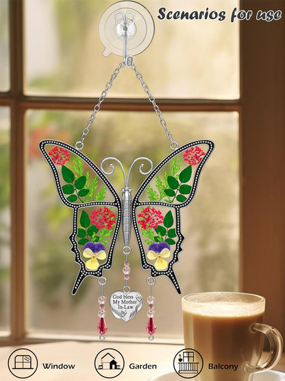 KY&BOSAM Gifts for Mom God Bless Mother in-Law Butterfly Suncatcher with Pressed Flower Wings and Heart Charm Butterfly Suncatcher for Window Wind Chime Mom Gifts - Mother`s Day