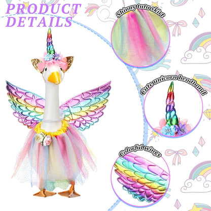 Abbylike Unicorn Goose Outfits Halloween Porch Goose Costume for 23'' Cement Statue Unicorn Headband Tutu Skirt and Wing for Party Outdoor Yard Lawn Garden Patio Decor