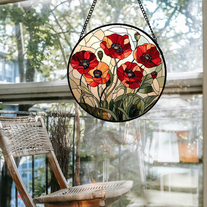 Stained Glass Window Hanging - Red Wildflowers Suncatcher for Door Garden Yard Flowers Sun Catchers Decor Christmas Mother's Day Birthday Gifts for Women Mom Nana Friend Men 6.3 in