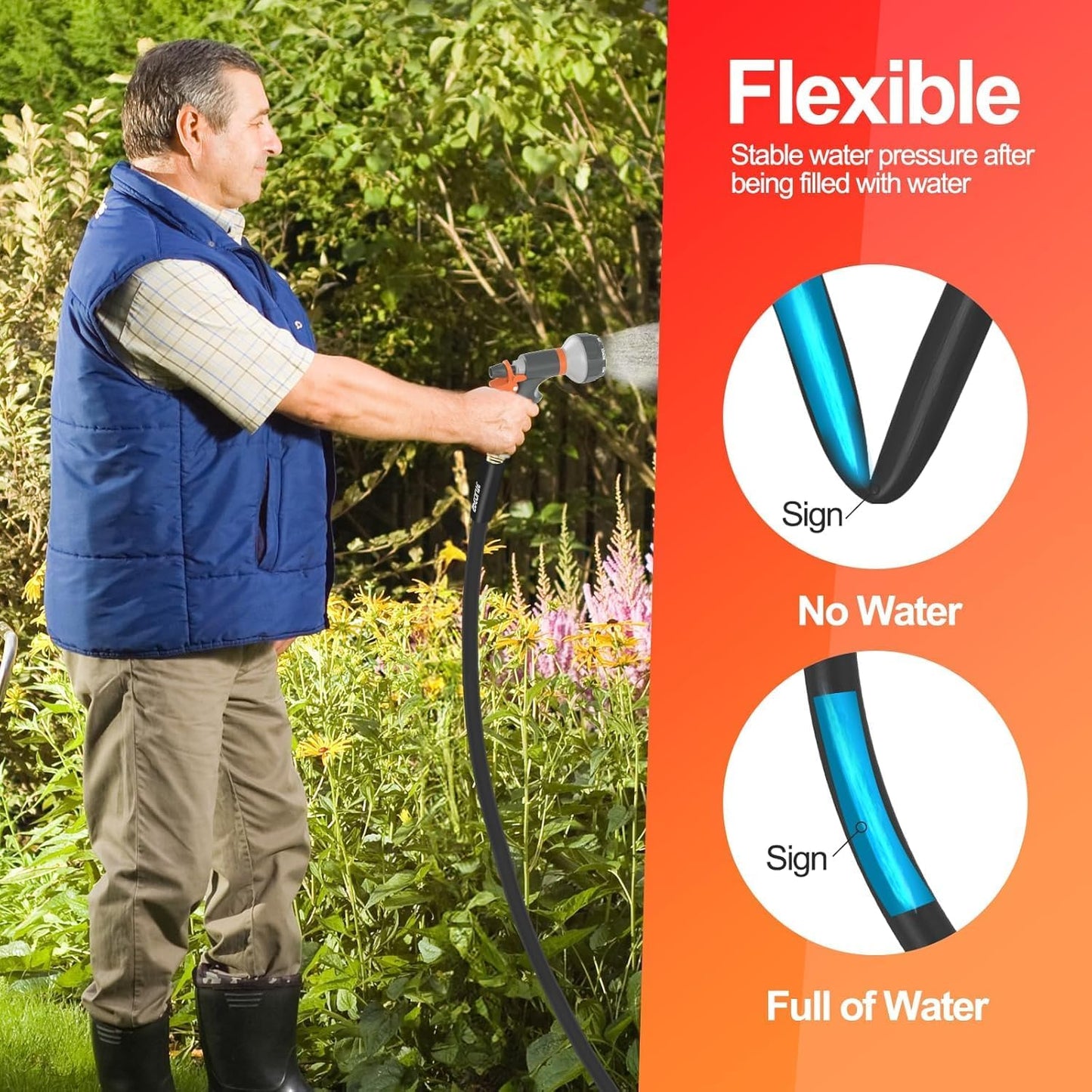 SPECILITE Garden Water Hose 25 ft x 3/4 in Heavy Duty, Flexible and Lightweight, Burst 600 psi, Kink-less Hybrid Rubber Pipe for Backyard, 3/4'' Brass Fittings, Black