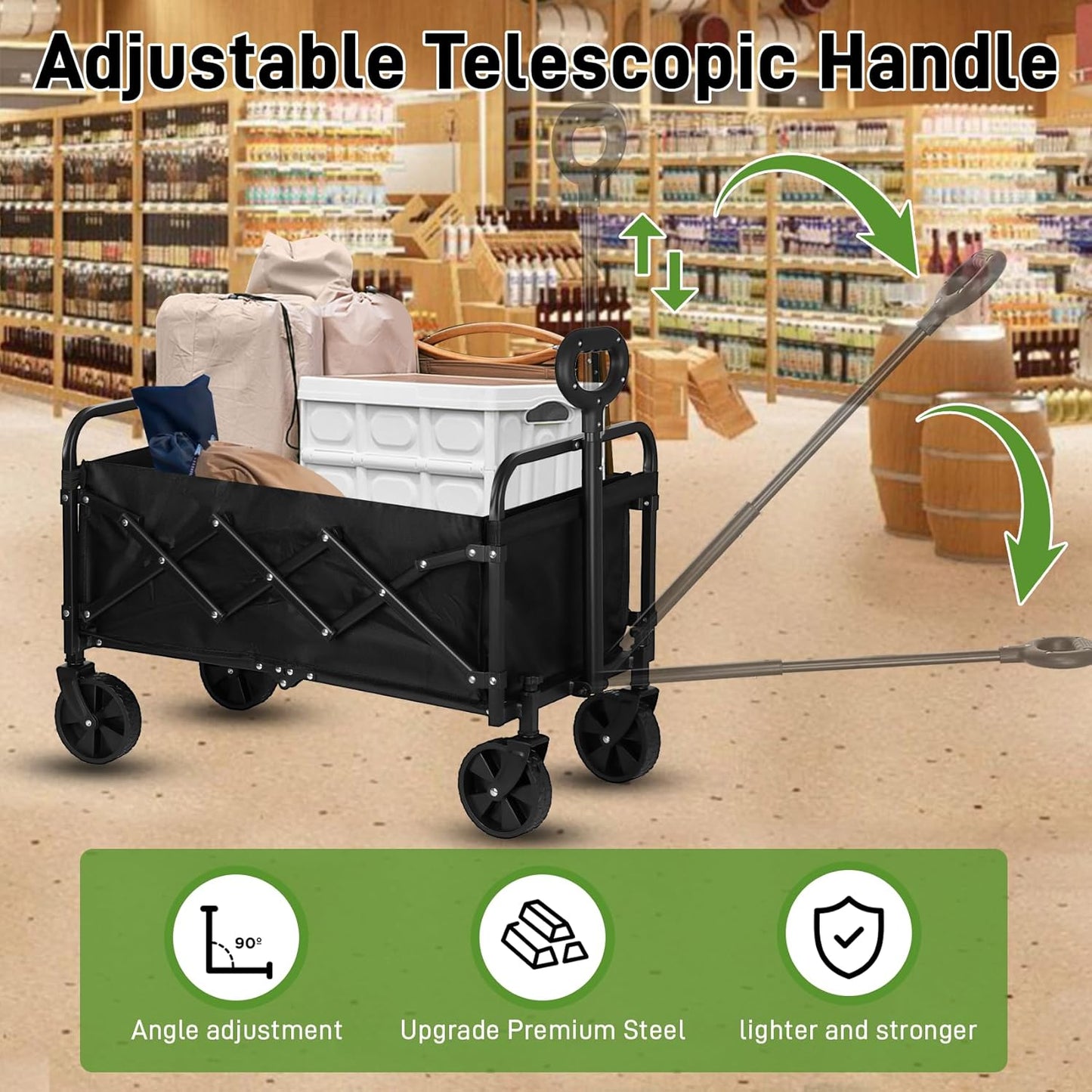 Catart Collapsible Folding Utility Wagon, 110L Large Capacity Portable Cart with Wheels, Lightweight Foldable Wagon for Camping, Gardening, Sports, Grocery Shopping, and Everyday Outdoor Use, Black