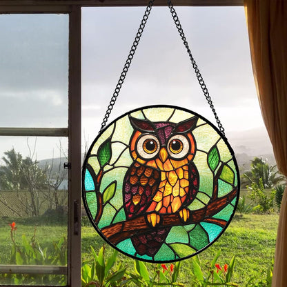 Stained Glass Window Hanging - Owl on a Branch Suncatcher for Doors Window Home Orange Brown Sun Catchers Decor Christmas Mother's Day Birthday Gifts for Teacher Women Men Mom Nana 6.3 in