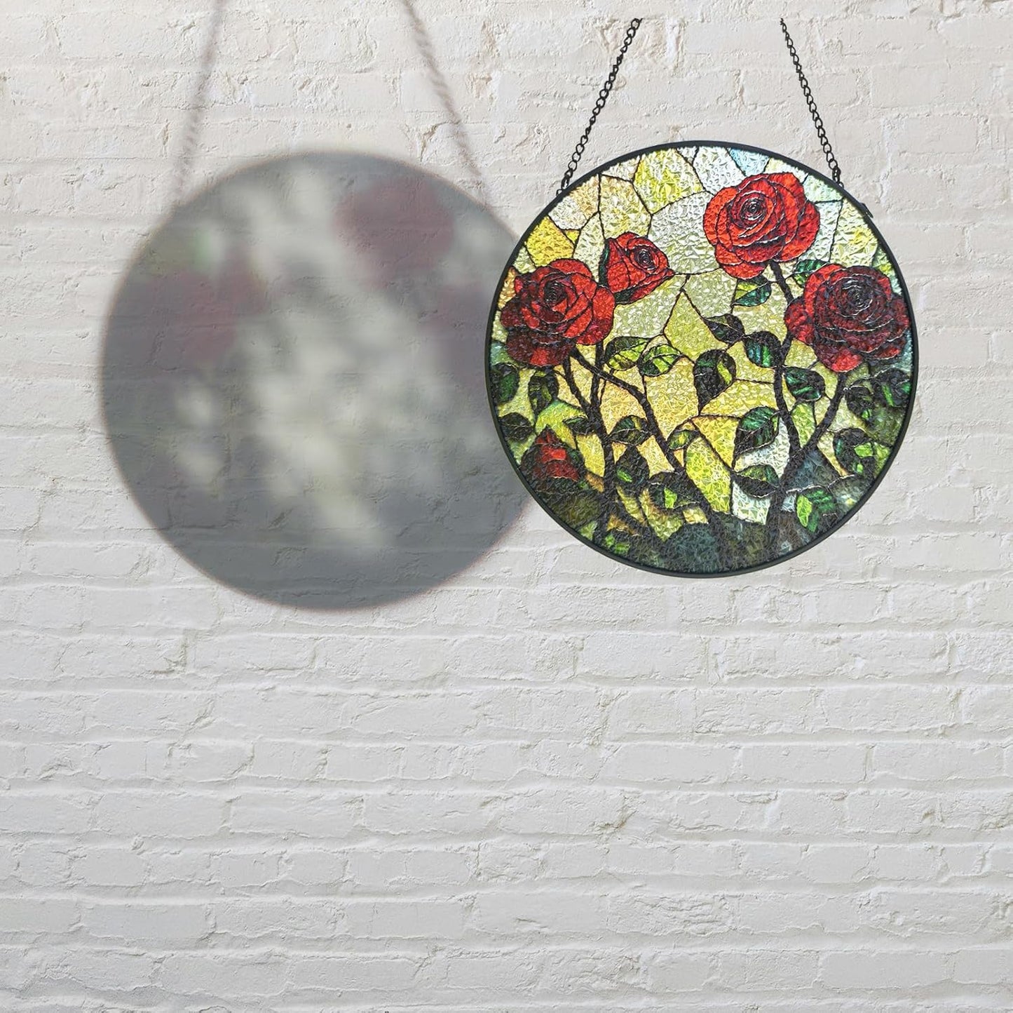 Floral Stained Glass Window Hanging - Rose Design Handmade Suncatcher, Luyseyha 8 Inch Sun Catcher for Windows, Home, Garden, Office, Christian Gift