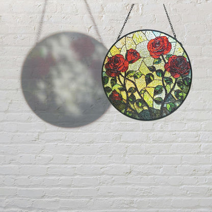 Floral Stained Glass Window Hanging - Rose Design Handmade Suncatcher, Luyseyha 8 Inch Sun Catcher for Windows, Home, Garden, Office, Christian Gift
