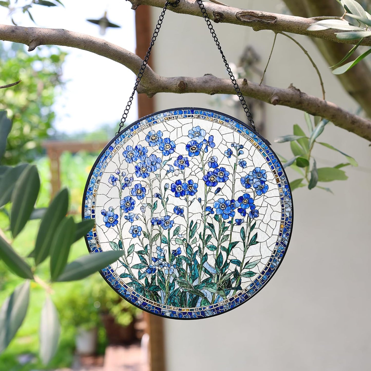 Forget-Me-Not Flower Stained Glass Suncatcher, 7.8 Inch Handmade Blue Floral Window Hanging Decor - Garden, Home Gift for Women, Mom, Grandma
