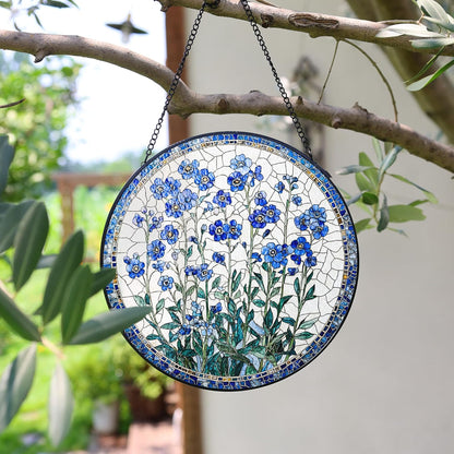 Forget-Me-Not Flower Stained Glass Suncatcher, 7.8 Inch Handmade Blue Floral Window Hanging Decor - Garden, Home Gift for Women, Mom, Grandma