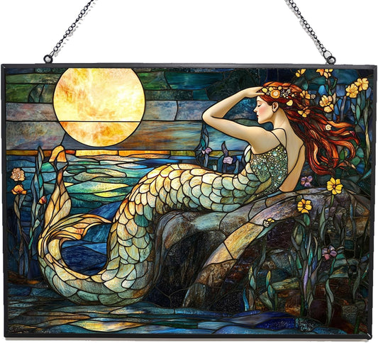 Rectangle Art Nouveau Moonlit Mermaid Stained Glass Sun Catcher, Wall Hanging Colored Decor Room